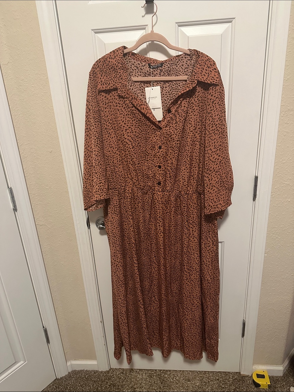 BloomChic Rust Brown Printed Button-Front Midi Dress with Collar